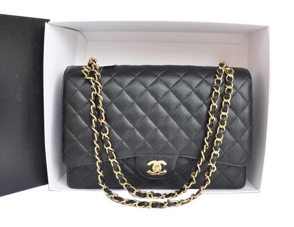 7A Replica Chanel A47600 Black Original Caviar Leather Jumbo Flap Bag Gold